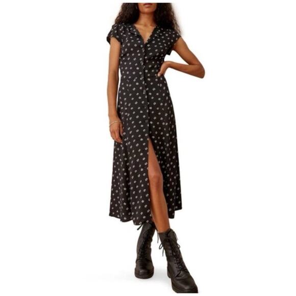 REFORMATION Size 2 Fauna Dress Black Floral Front Button-Up Midi Lightweight i24 - Picture 1 of 9